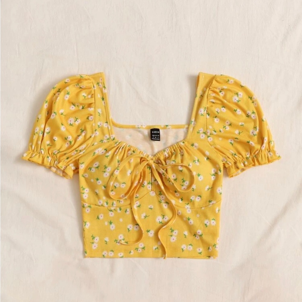 Puff Sleeve Drawstring Crop Top